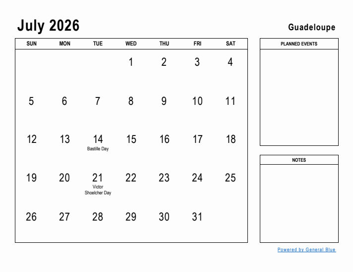 July 2026 Printable Monthly Calendar with Guadeloupe Holidays