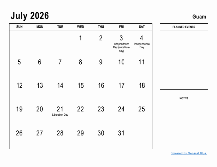 July 2026 Printable Monthly Calendar with Guam Holidays