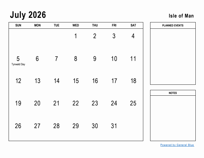 July 2026 Printable Monthly Calendar with Isle of Man Holidays