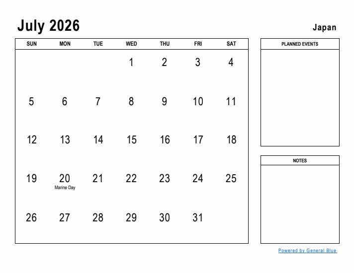 July 2026 Printable Monthly Calendar with Japan Holidays