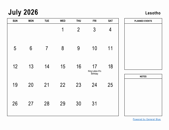 July 2026 Printable Monthly Calendar with Lesotho Holidays