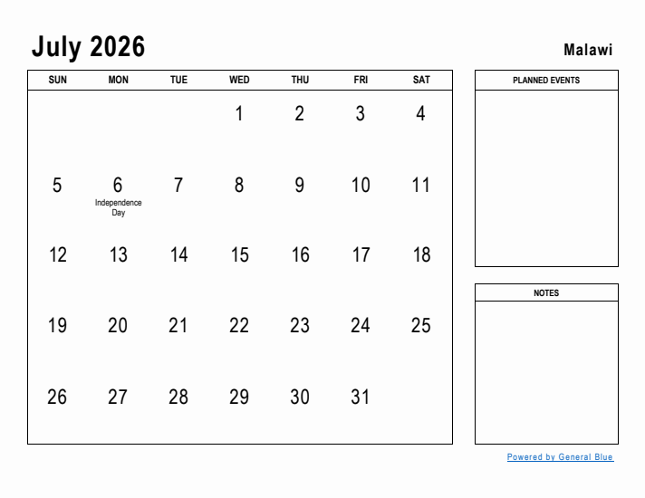 July 2026 Printable Monthly Calendar with Malawi Holidays