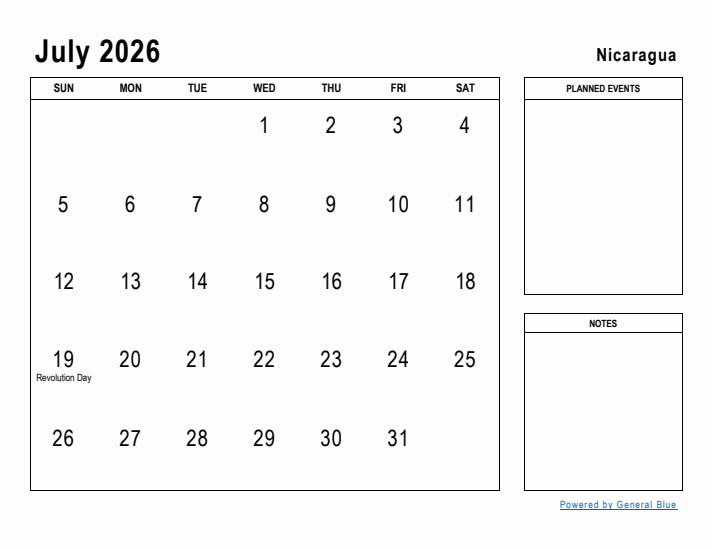 July 2026 Printable Monthly Calendar with Nicaragua Holidays