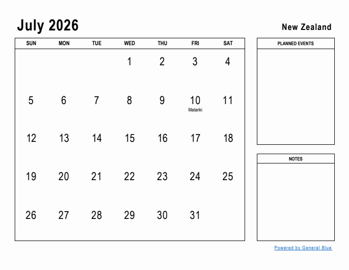 July 2026 Printable Monthly Calendar with New Zealand Holidays