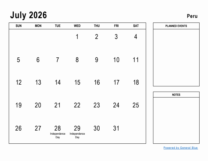 July 2026 Printable Monthly Calendar with Peru Holidays