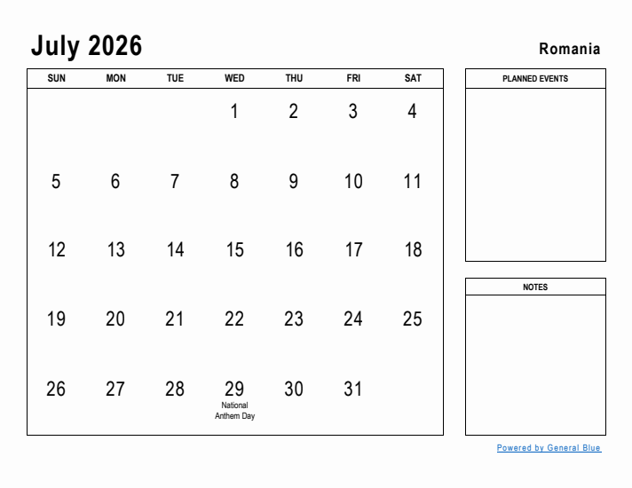 July 2026 Printable Monthly Calendar with Romania Holidays