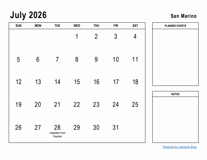 July 2026 Printable Monthly Calendar with San Marino Holidays