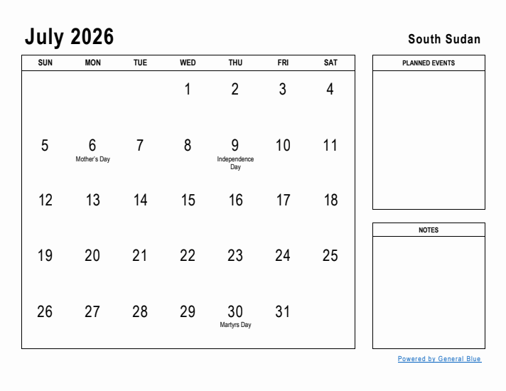 July 2026 Printable Monthly Calendar with South Sudan Holidays