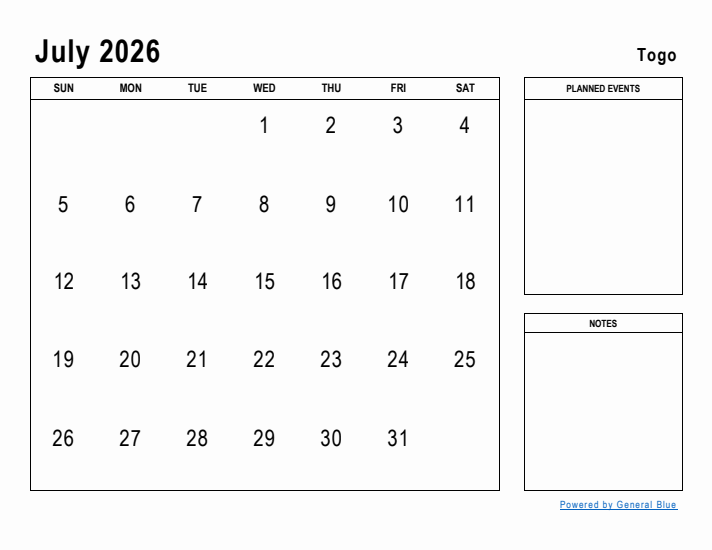 July 2026 Printable Monthly Calendar with Togo Holidays