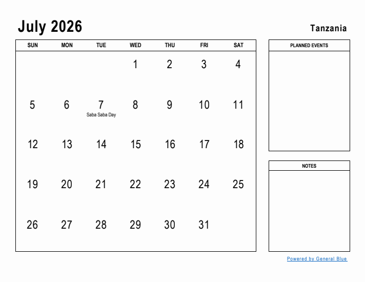 July 2026 Printable Monthly Calendar with Tanzania Holidays