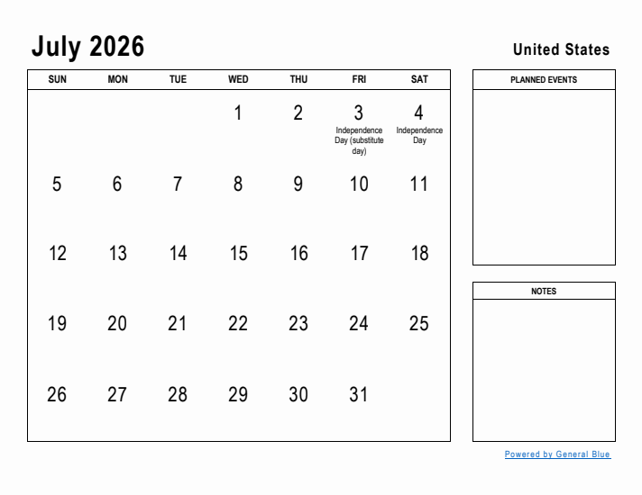 July 2026 Printable Monthly Calendar with United States Holidays