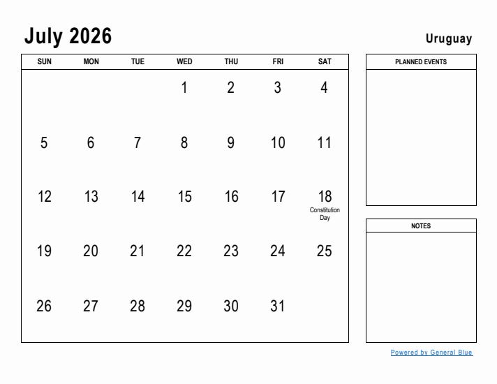 July 2026 Printable Monthly Calendar with Uruguay Holidays