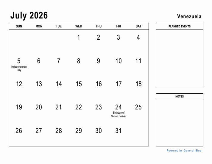 July 2026 Printable Monthly Calendar with Venezuela Holidays