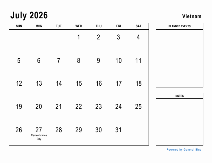 July 2026 Printable Monthly Calendar with Vietnam Holidays