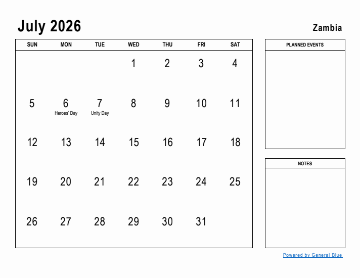 July 2026 Printable Monthly Calendar with Zambia Holidays