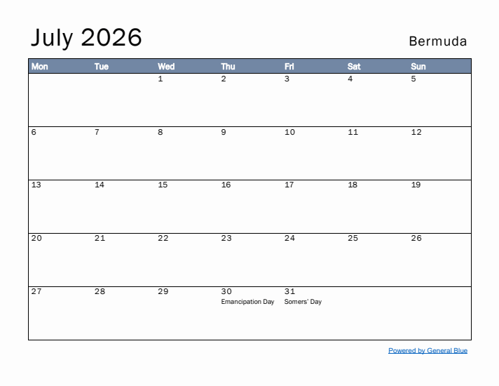 July 2026 Simple Monthly Calendar for Bermuda