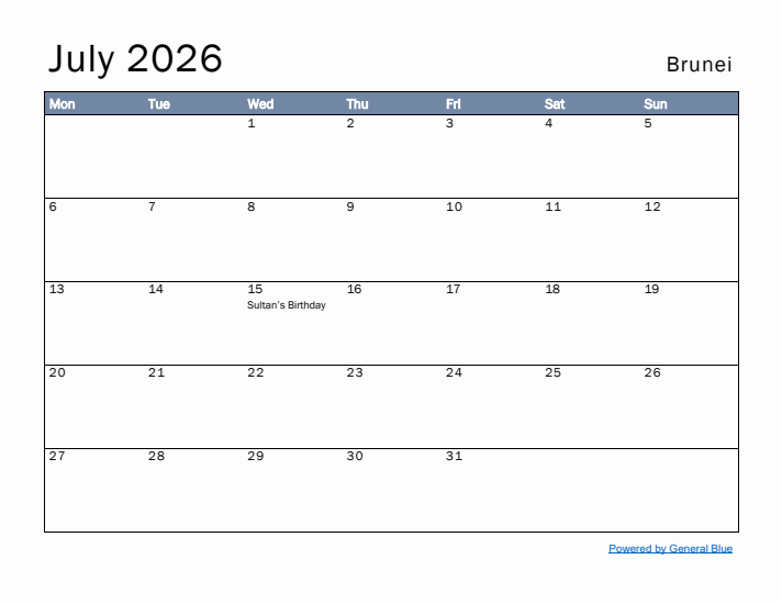 July 2026 Simple Monthly Calendar for Brunei