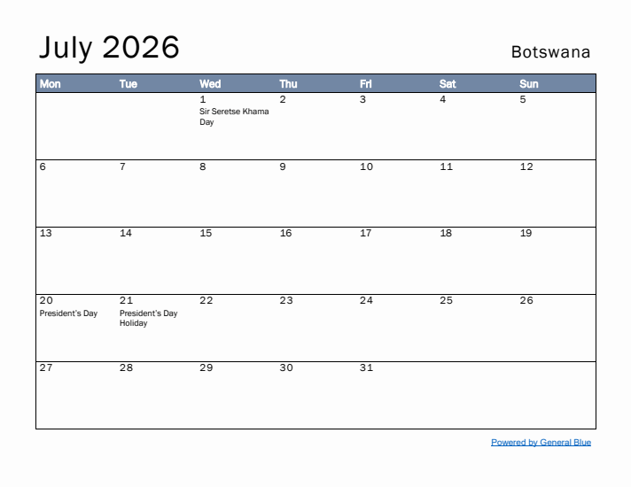 July 2026 Simple Monthly Calendar for Botswana