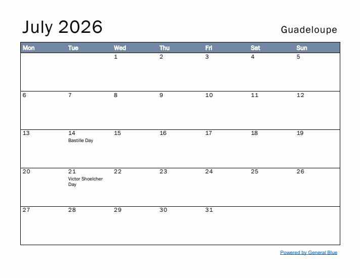 July 2026 Simple Monthly Calendar for Guadeloupe