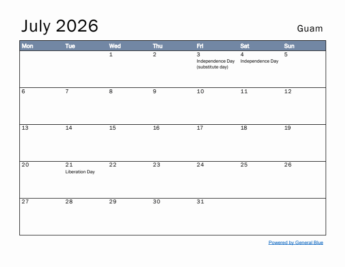 July 2026 Simple Monthly Calendar for Guam