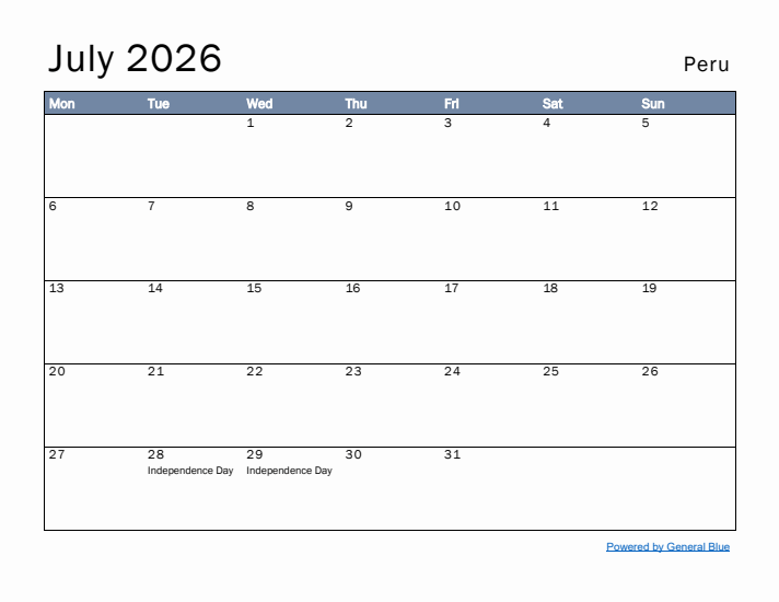 July 2026 Simple Monthly Calendar for Peru