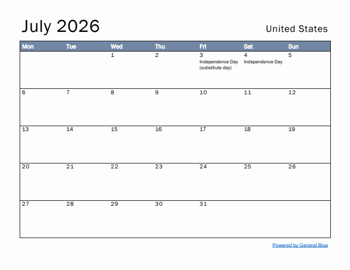 July 2026 Simple Monthly Calendar for United States