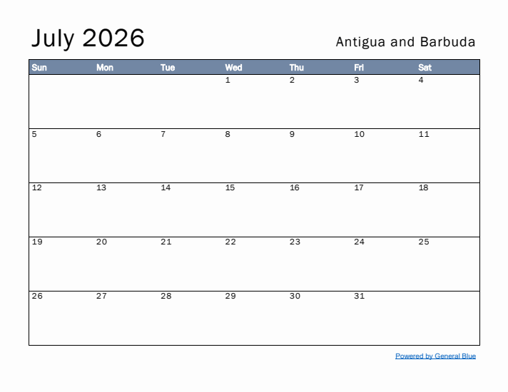 July 2026 Simple Monthly Calendar for Antigua and Barbuda