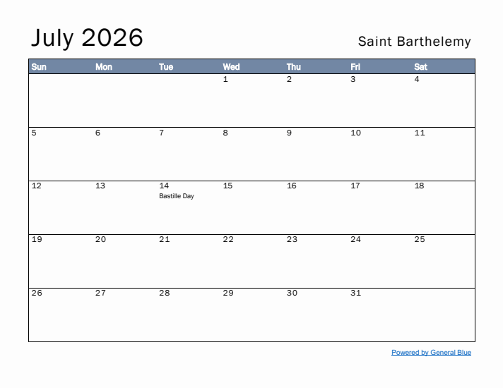 July 2026 Simple Monthly Calendar for Saint Barthelemy