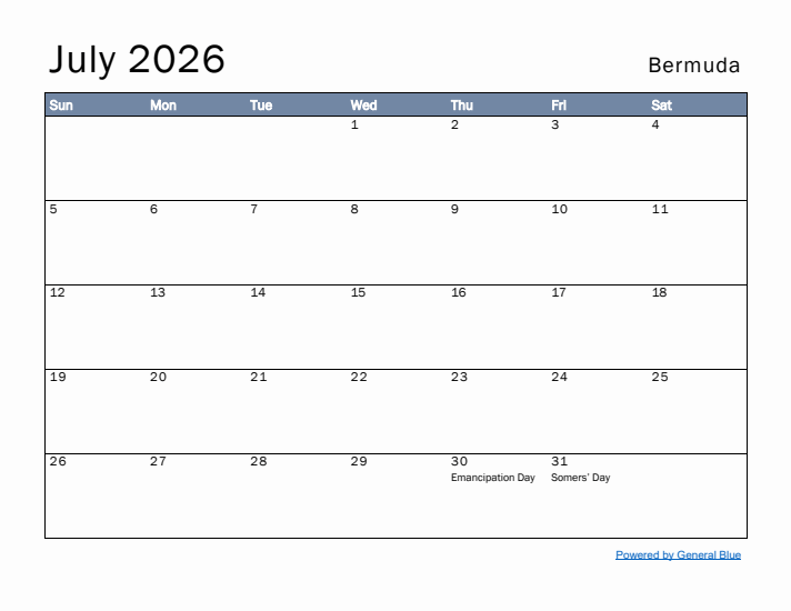 July 2026 Simple Monthly Calendar for Bermuda