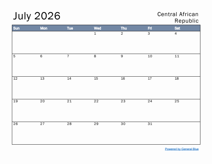 July 2026 Simple Monthly Calendar for Central African Republic