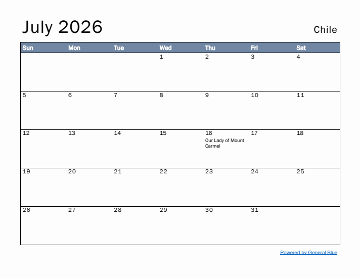 July 2026 Simple Monthly Calendar for Chile