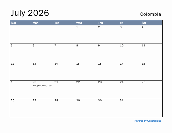 July 2026 Simple Monthly Calendar for Colombia