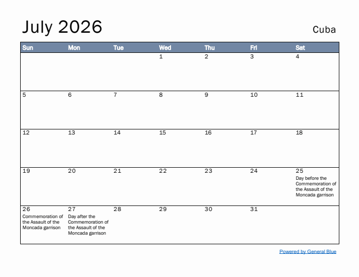 July 2026 Simple Monthly Calendar for Cuba