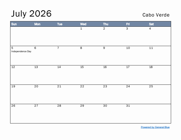 July 2026 Simple Monthly Calendar for Cabo Verde