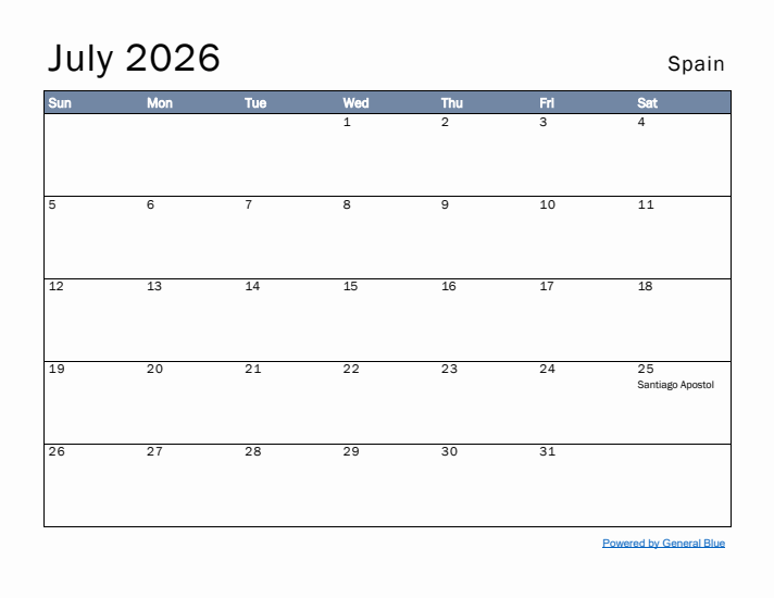 July 2026 Simple Monthly Calendar for Spain