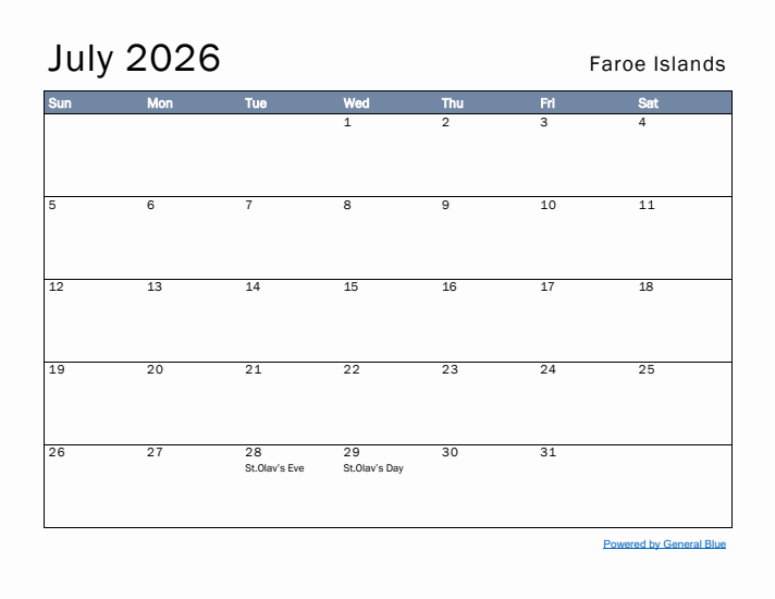 July 2026 Simple Monthly Calendar for Faroe Islands