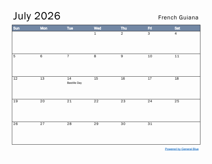 July 2026 Simple Monthly Calendar for French Guiana