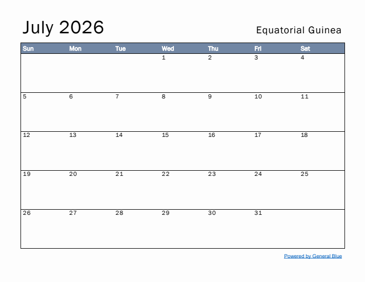 July 2026 Simple Monthly Calendar for Equatorial Guinea