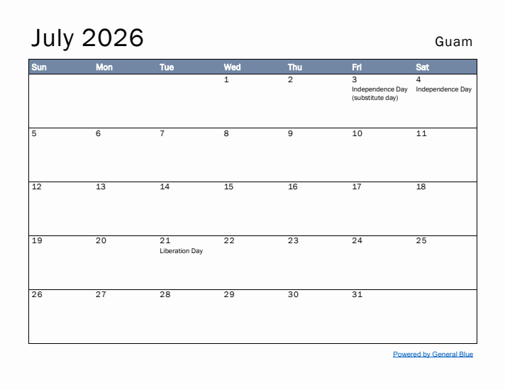 July 2026 Simple Monthly Calendar for Guam