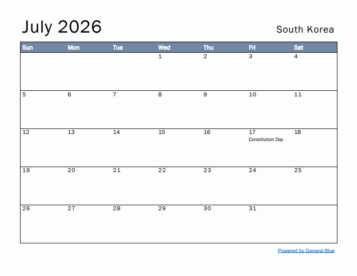 July 2026 Simple Monthly Calendar for South Korea