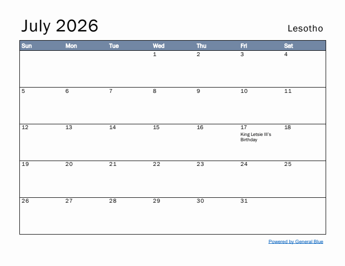 July 2026 Simple Monthly Calendar for Lesotho