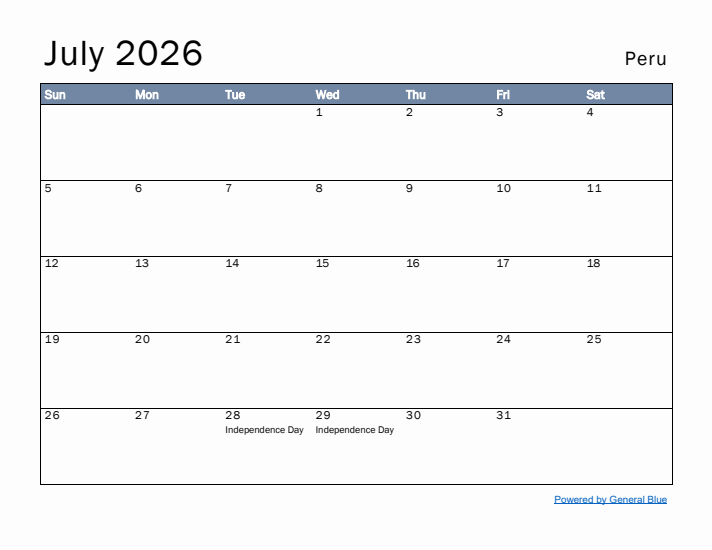 July 2026 Simple Monthly Calendar for Peru