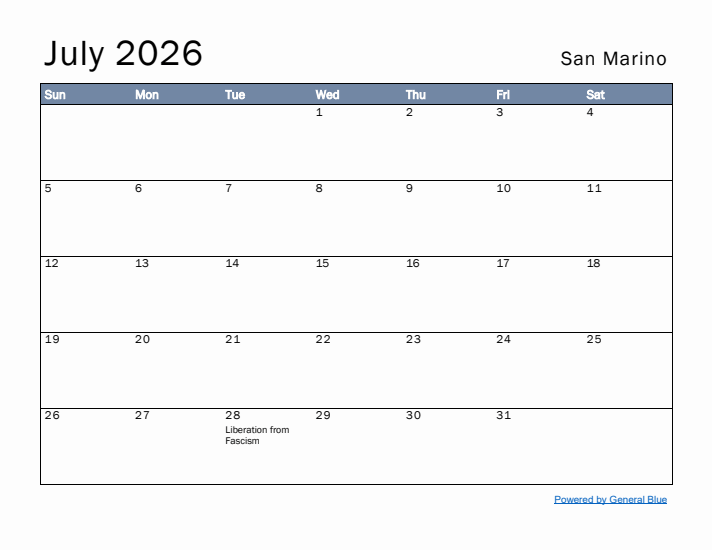 July 2026 Simple Monthly Calendar for San Marino