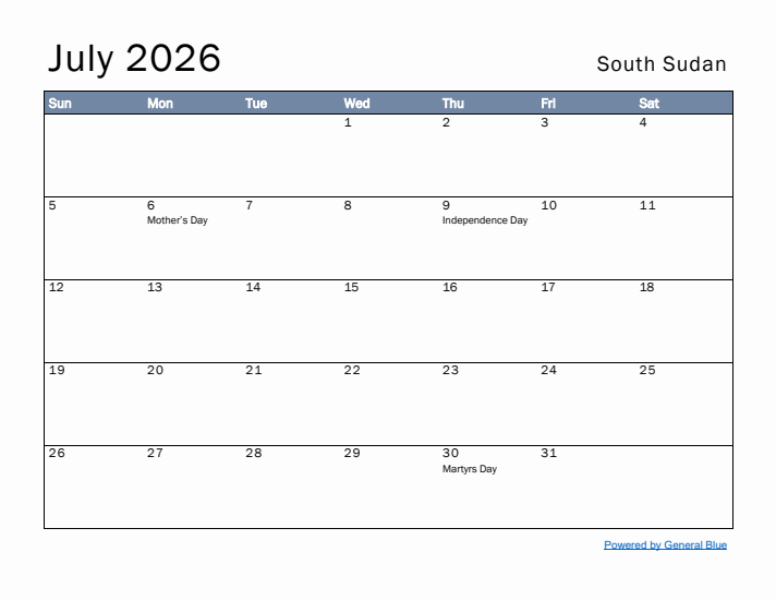 July 2026 Simple Monthly Calendar for South Sudan