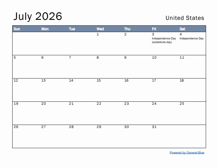 July 2026 Simple Monthly Calendar for United States