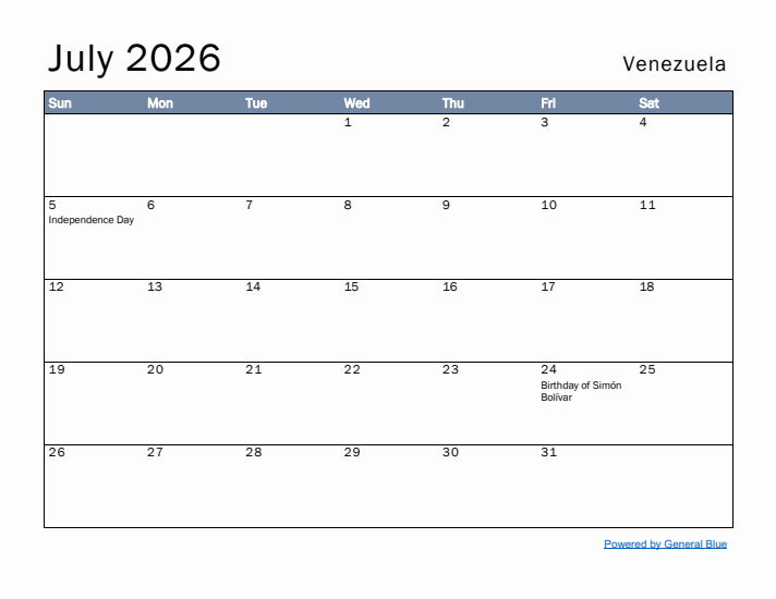 July 2026 Simple Monthly Calendar for Venezuela