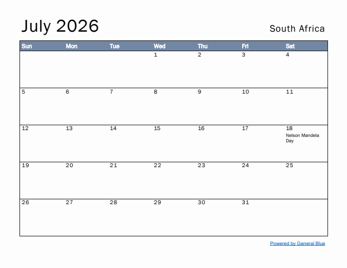 July 2026 Simple Monthly Calendar for South Africa