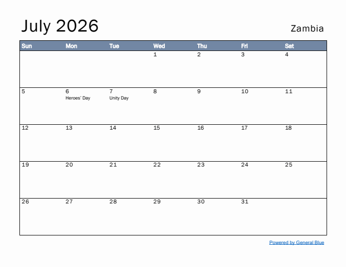 July 2026 Simple Monthly Calendar for Zambia