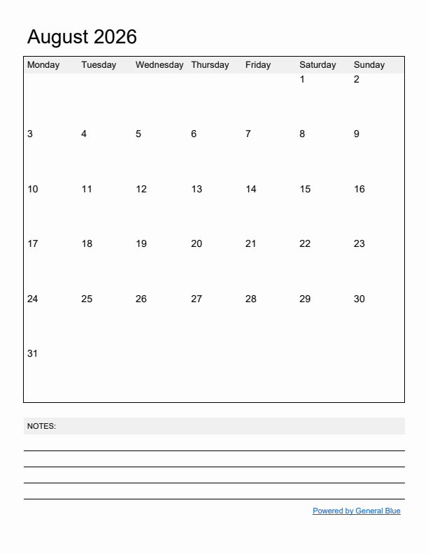 Basic Monthly Calendar Template for August 2026