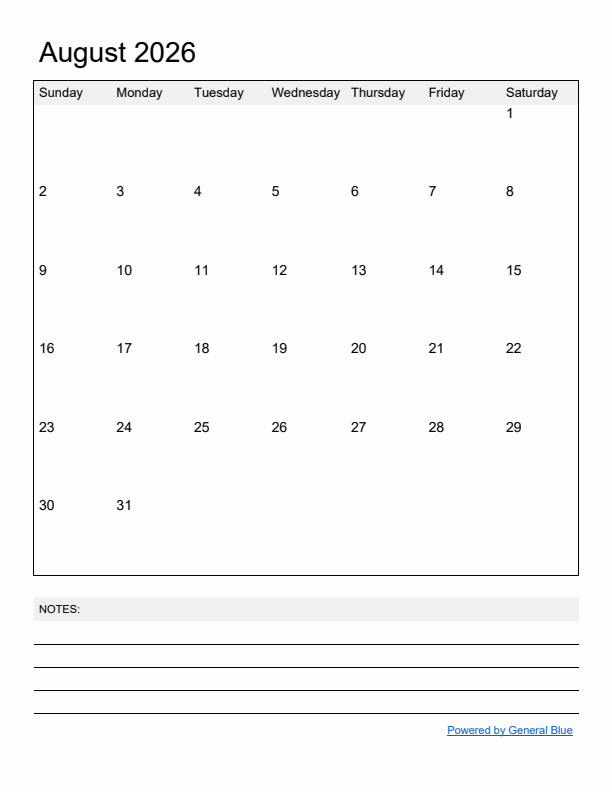 Basic Monthly Calendar Template for August 2026